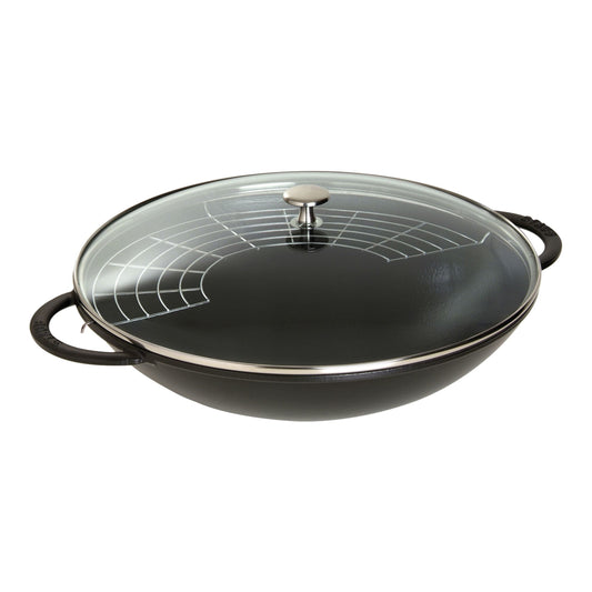 STAUB Specialities 37 cm / 14.5 inch Cast Iron Wok With Glass Lid, Black
