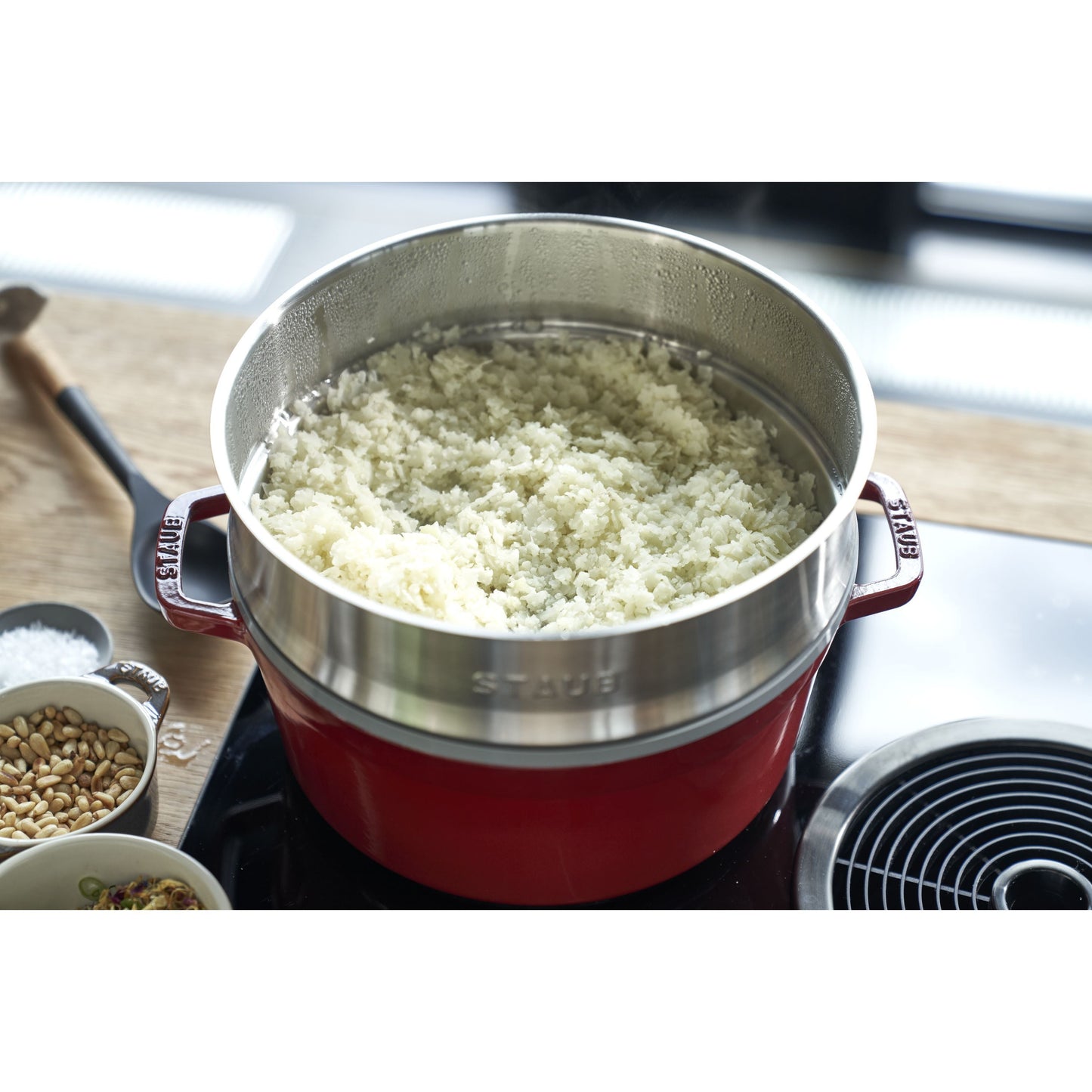 STAUB La Cocotte 5.25 L Cast Iron Round Cocotte With Steamer, Cherry
