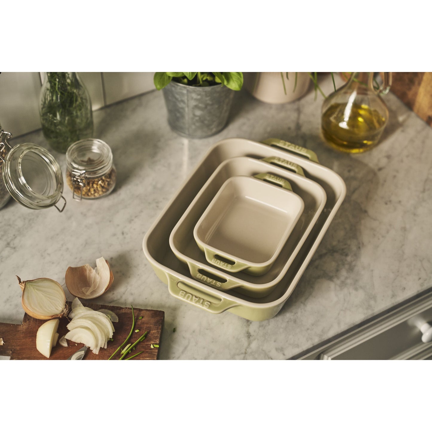 STAUB Ceramique Rectangular Baking Dish Set Macaron Light Green 3 Piece