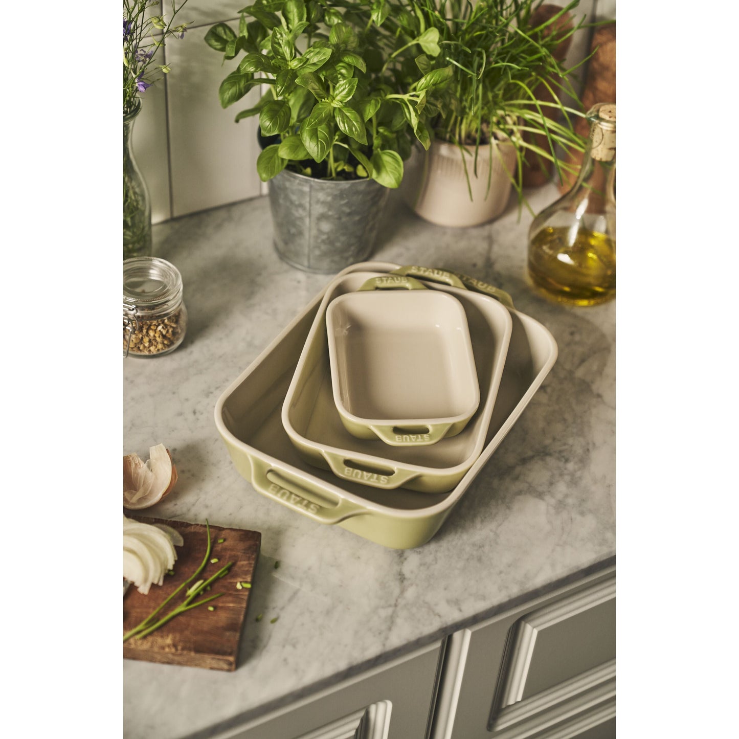 STAUB Ceramique Rectangular Baking Dish Set Macaron Light Green 3 Piece